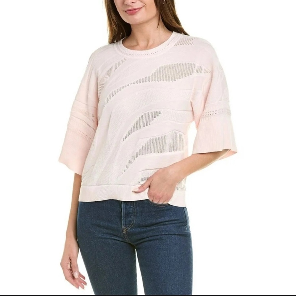 CAbi Shy Light Patterned Sweater with Wide Half Sleeves in Baby Pink. Size XL